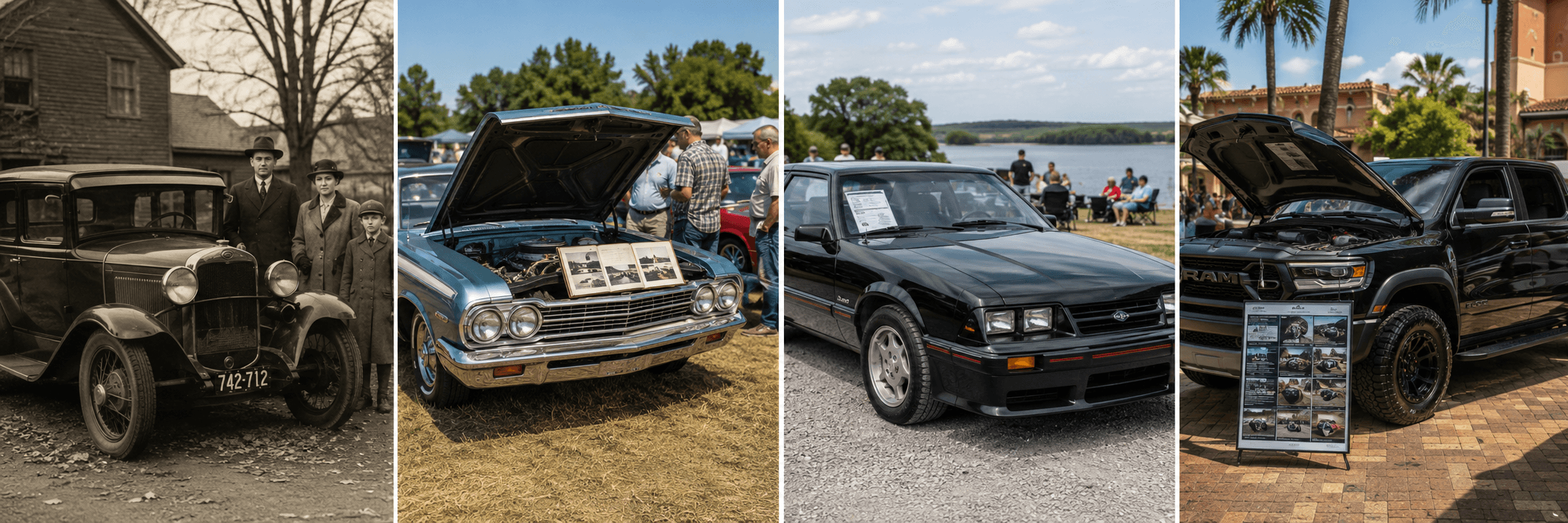 Vehicles from different eras alongside historic records, automotive events, awards, and other moments that can become part of a vehicle's documented history.
